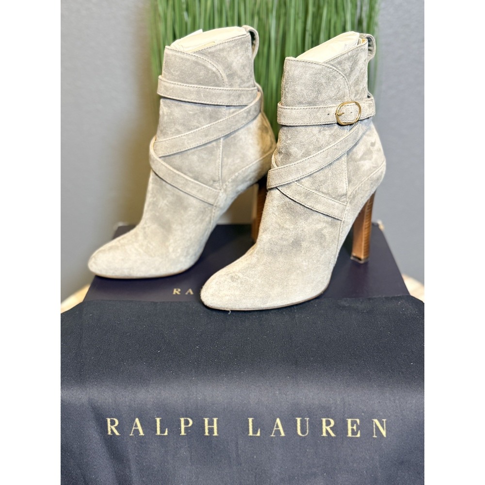 Ralph Lauren Purple Label Kourtney Gray Suede Buckle Strap Ankle Boots 37 New - Picture 2 of 15
